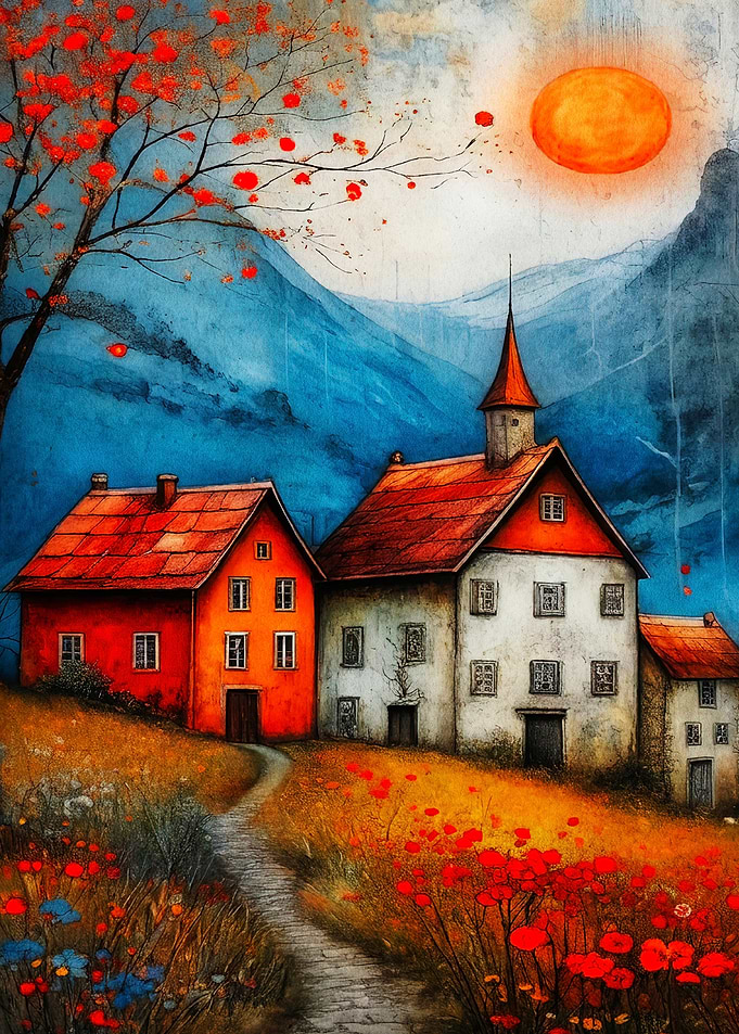 Alpine Village Sunset Watercolor Ar