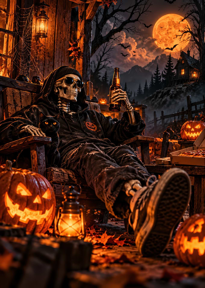 Skeleton Relaxing on Halloween Porch