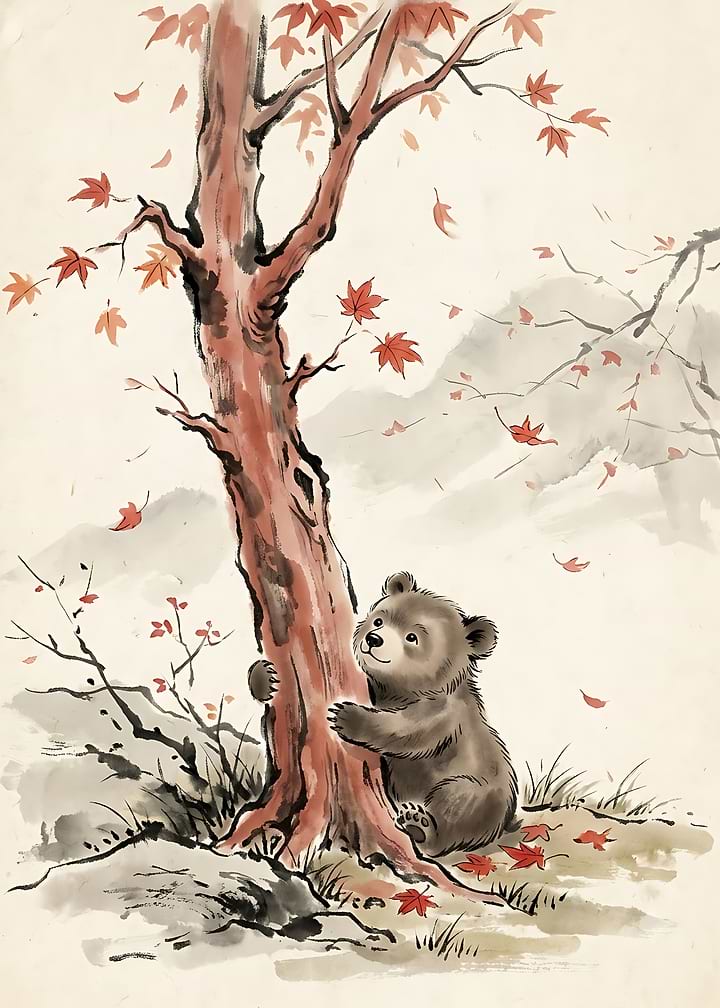 Cute Bear Hugging Autumn Tree