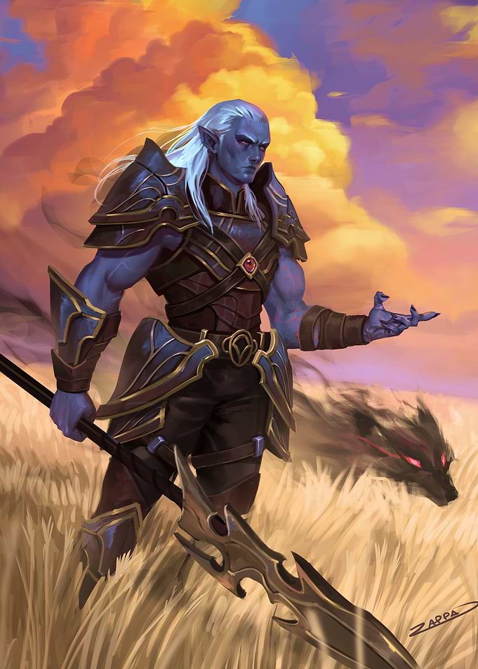 Blue-Skinned Elf Warrior with Shadow Wolf