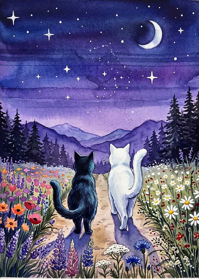 Cats Stargazing Watercolor Poster