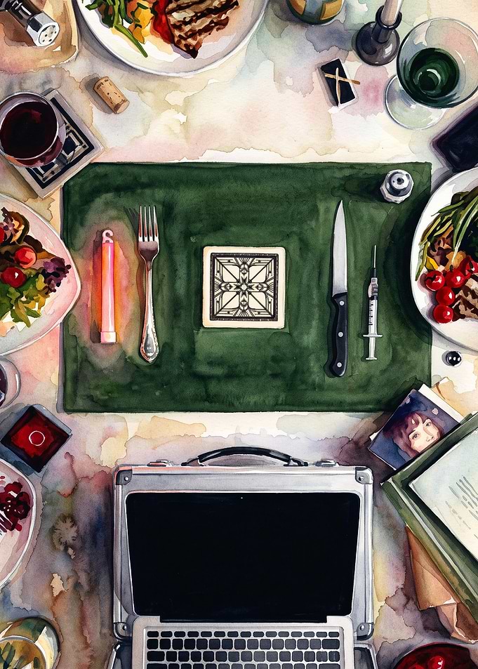 Dinner Table Food Watercolor Art