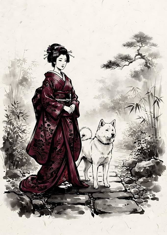 Geisha with Akita Dog Illustration