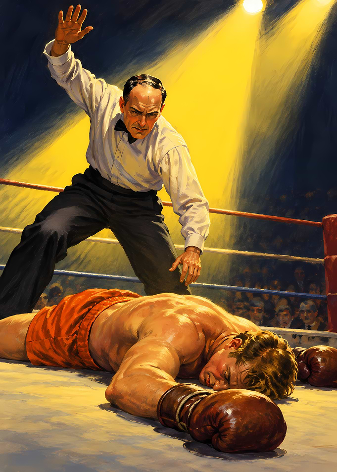 Boxing Referee Counting Out Knocked-Out Fighter