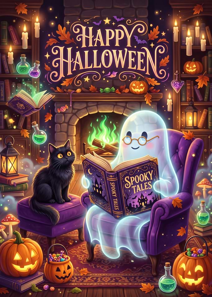 Cute Ghost Reading Spooky Tales