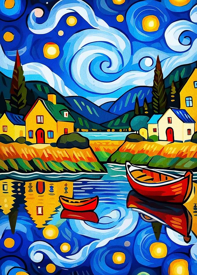 Starry Night Village River Art