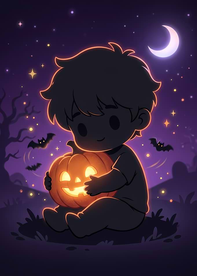 Cute Chibi Boy Holding Glowing Pumpkin