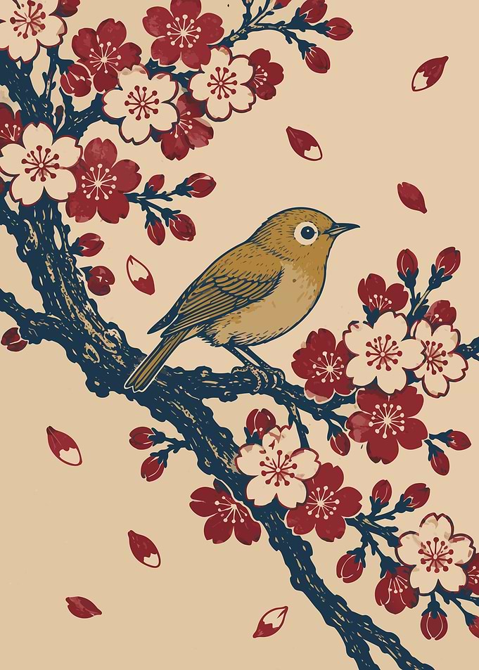 Japanese White-eye with Cherry Blossoms