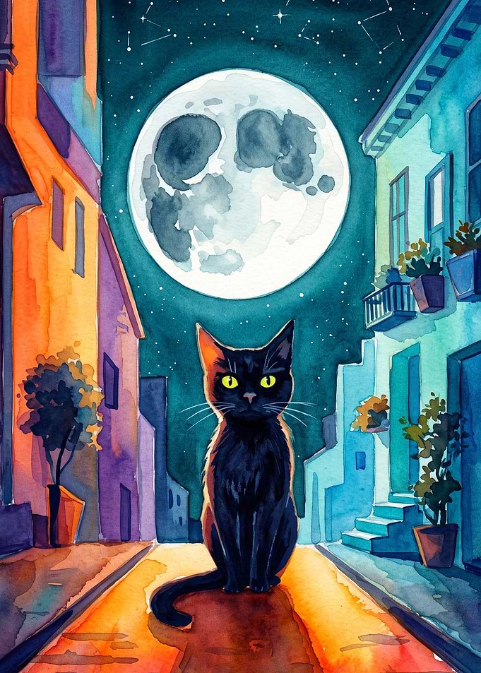 Black Cat Moon Night Alley Art