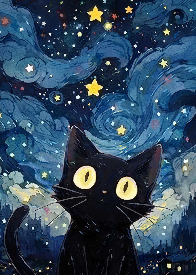 Black Cat Starry Night Anime Poster