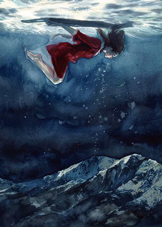 Underwater Woman Red Dress Watercol