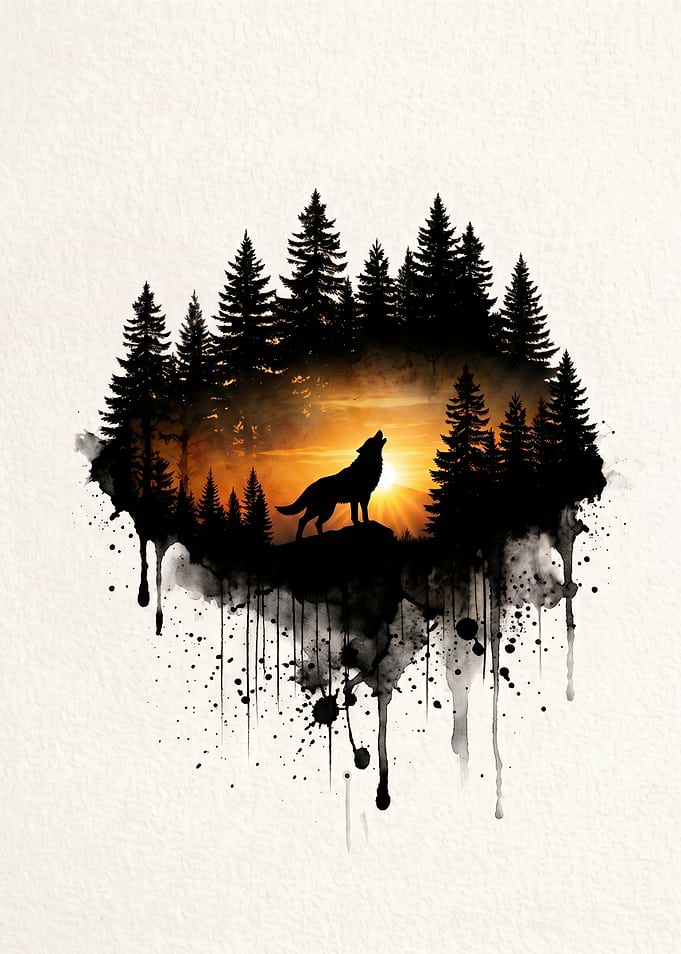 Wolf Howling at Sunset Silhouette