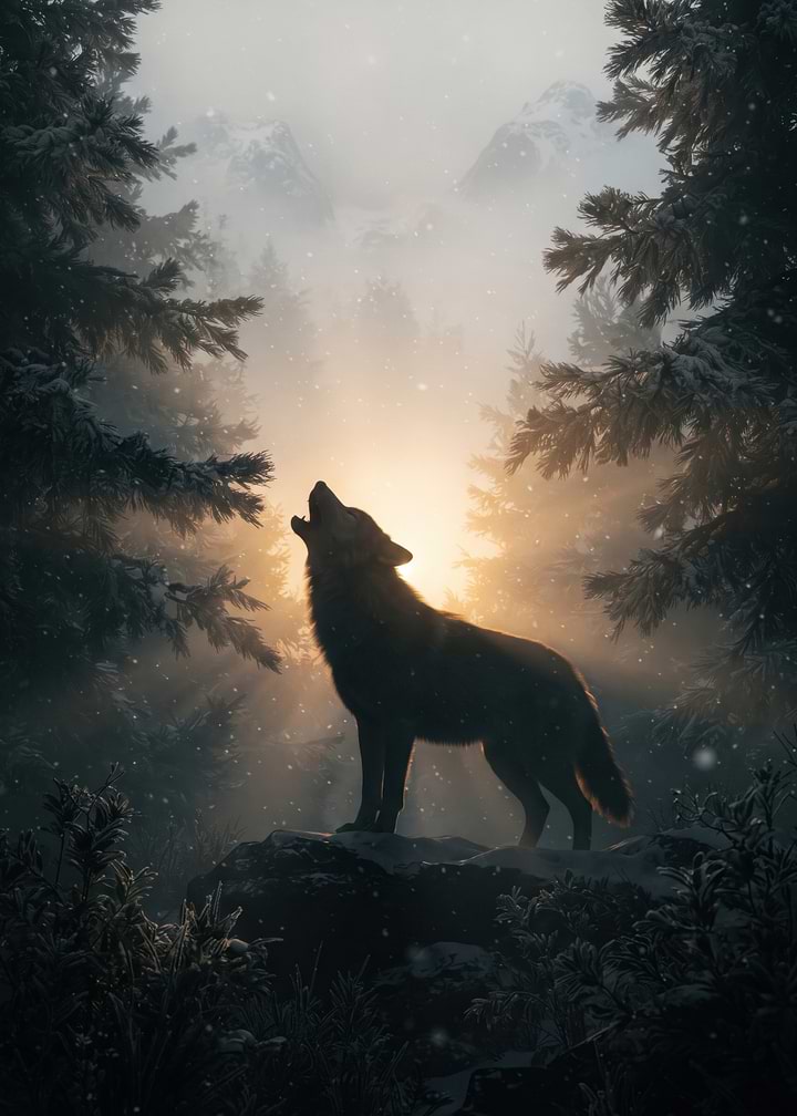 Wolf howling in snowy forest