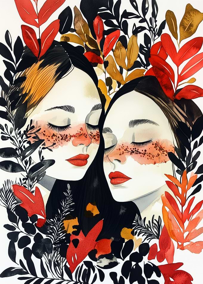 Two Women Surrounded by Autumn Foliage