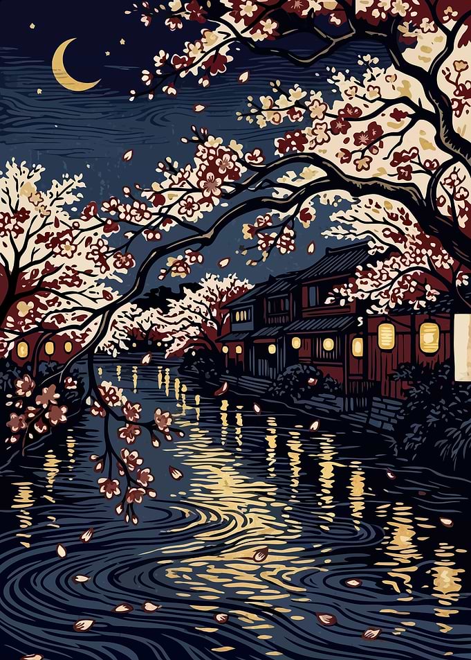 Nighttime Cherry Blossom Canal Scene