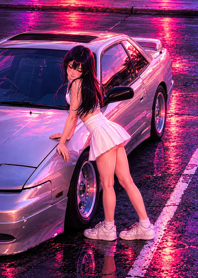 Anime Girl Posing With Sports Car