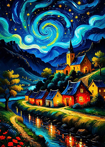Starry Night Village Oil Painting A