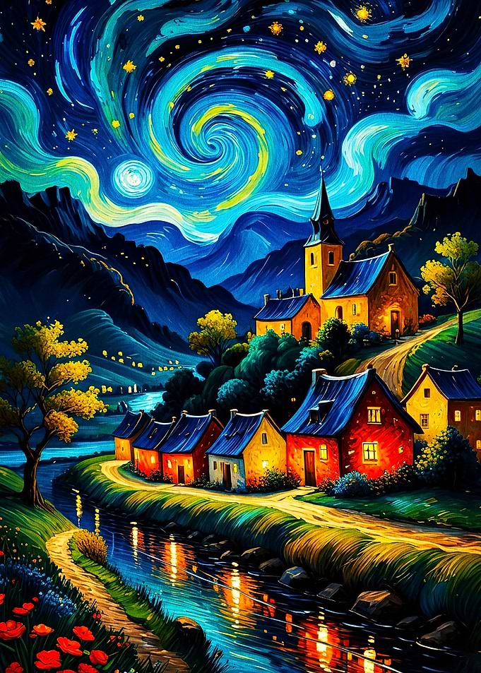 Starry Night Village Oil Painting A