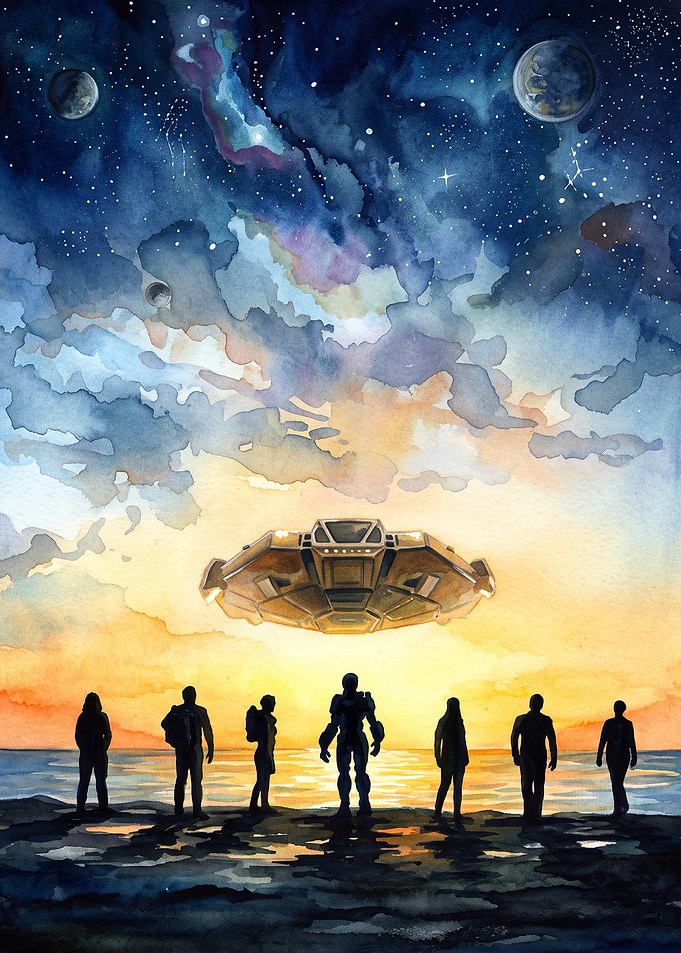 Sci-Fi UFO Space Watercolor Art