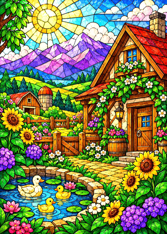 Stardew Valley Stained Glass Country Cottage Scene