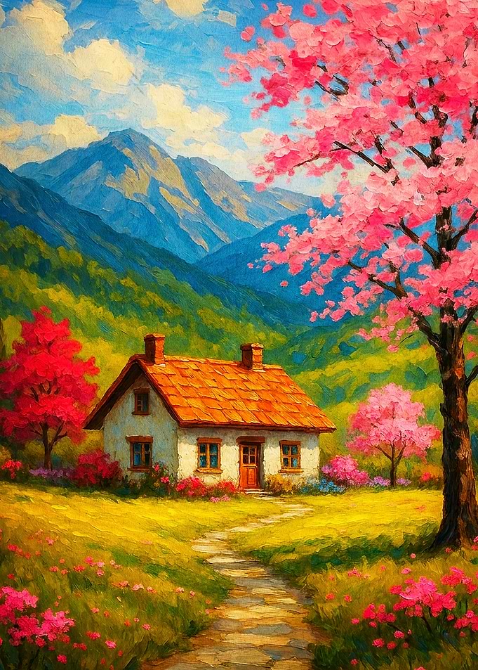 Spring Cottage Mountain Blossom Art