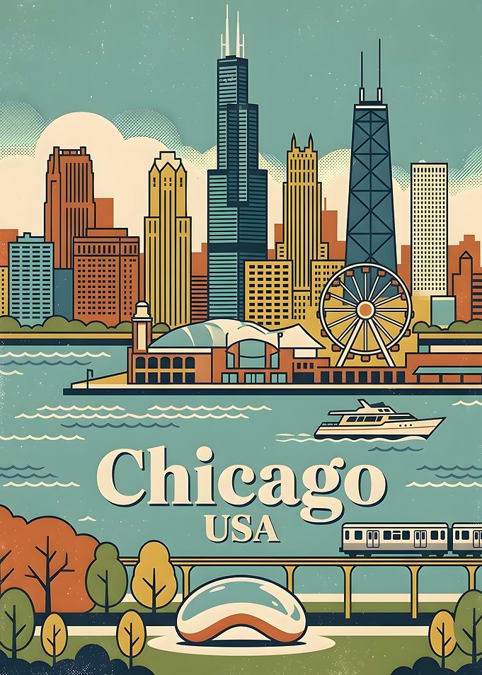 Vintage Style Chicago Cityscape Poster