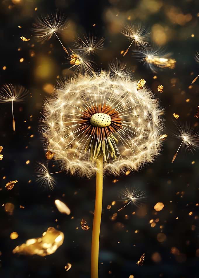 Golden Dandelion Seeds Floating in Darkness