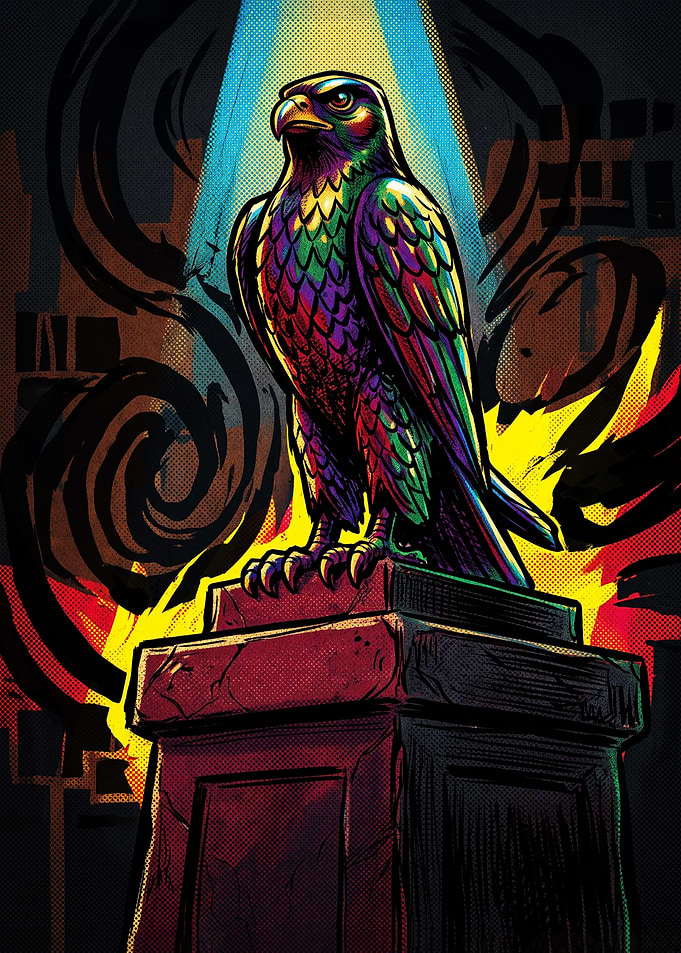 Vibrant Rainbow Falcon Statue Illustration