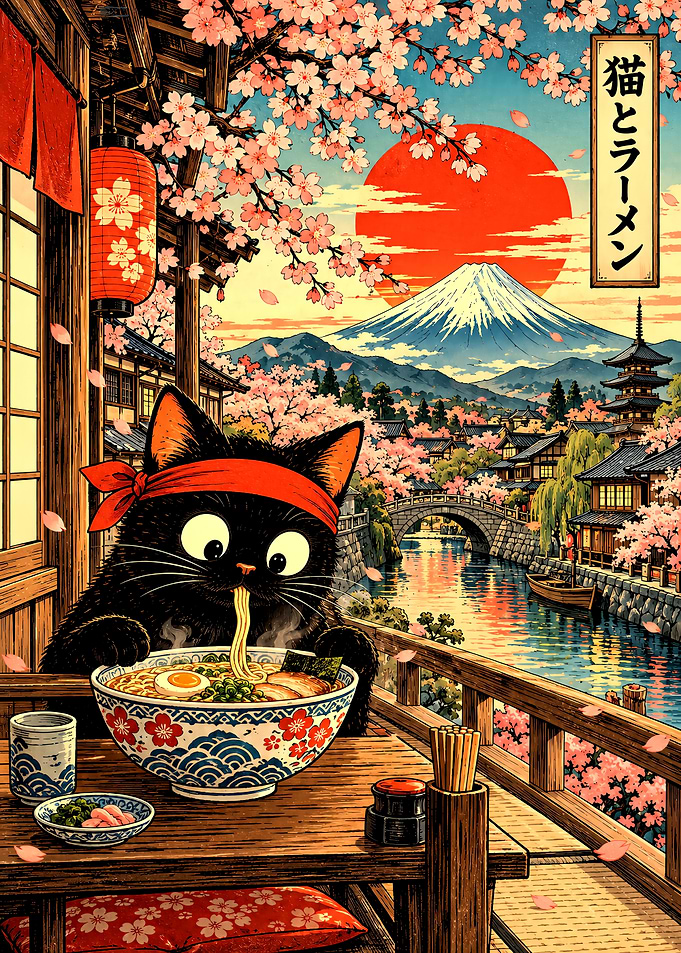 Black Cat Eating Ramen in Japan