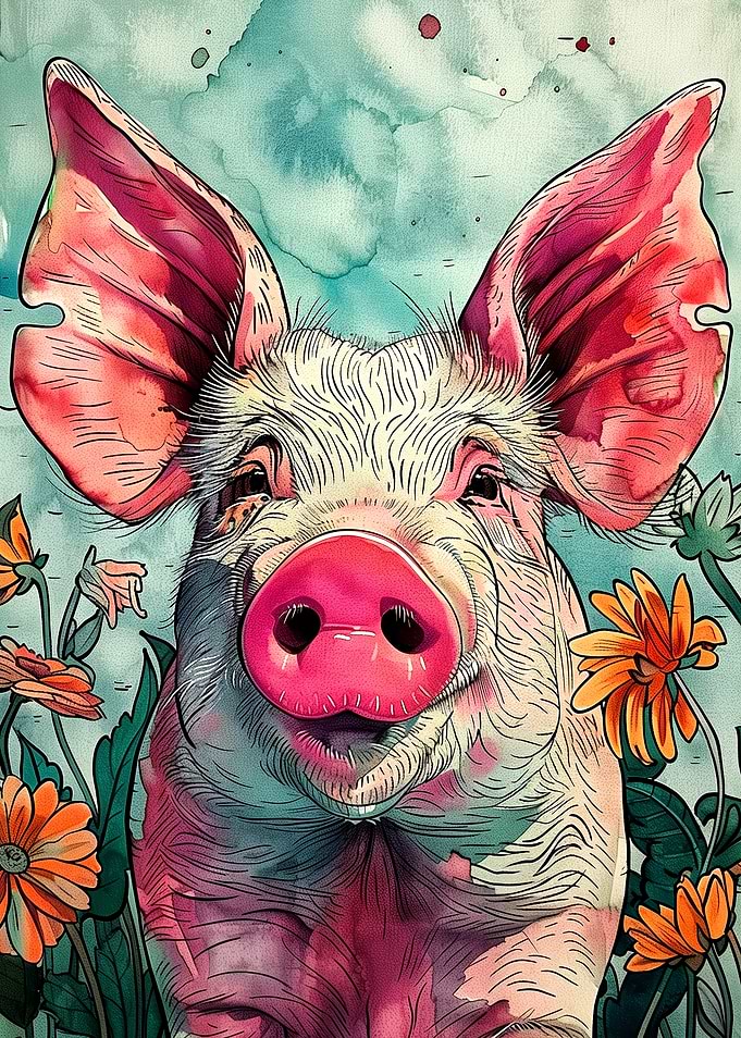 Whimsical Watercolor Pig in Flowers
