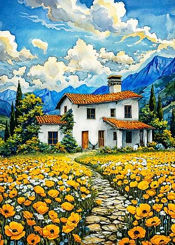 Tuscan Villa Meadow Watercolor Art