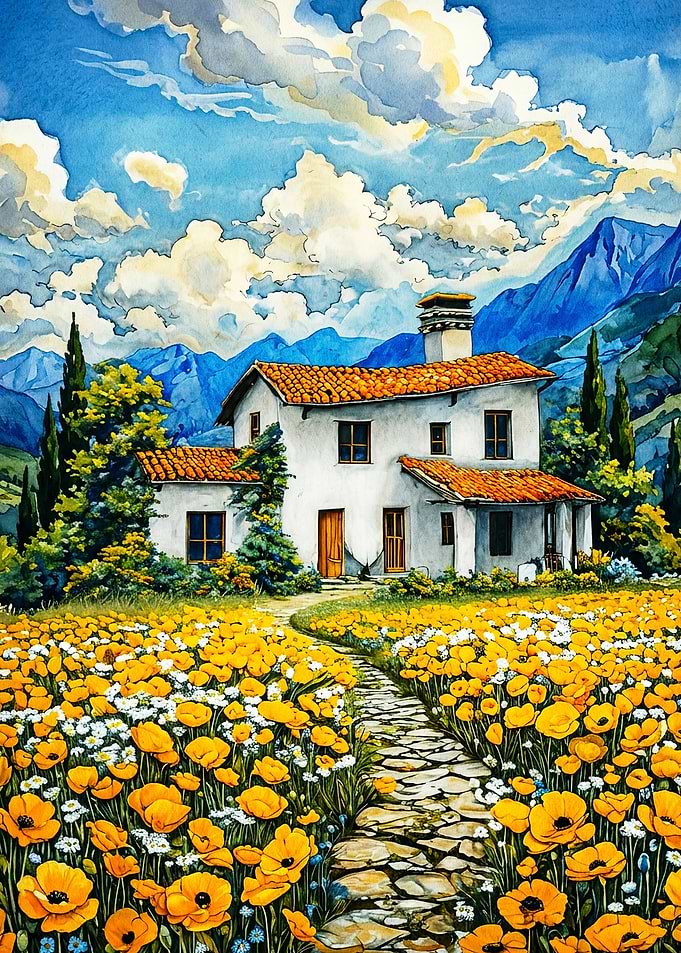 Tuscan Villa Meadow Watercolor Art