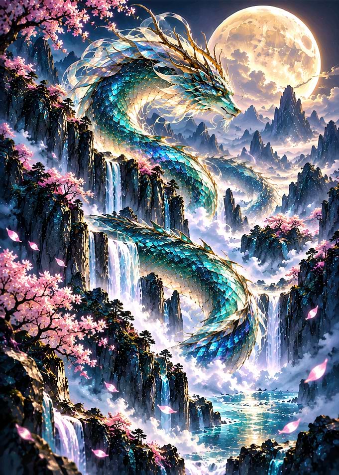 Majestic Dragon in Moonlit Mountains