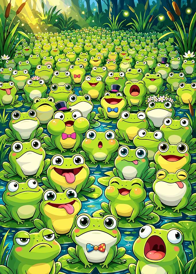 Crowd of Cute Cartoon Frogs