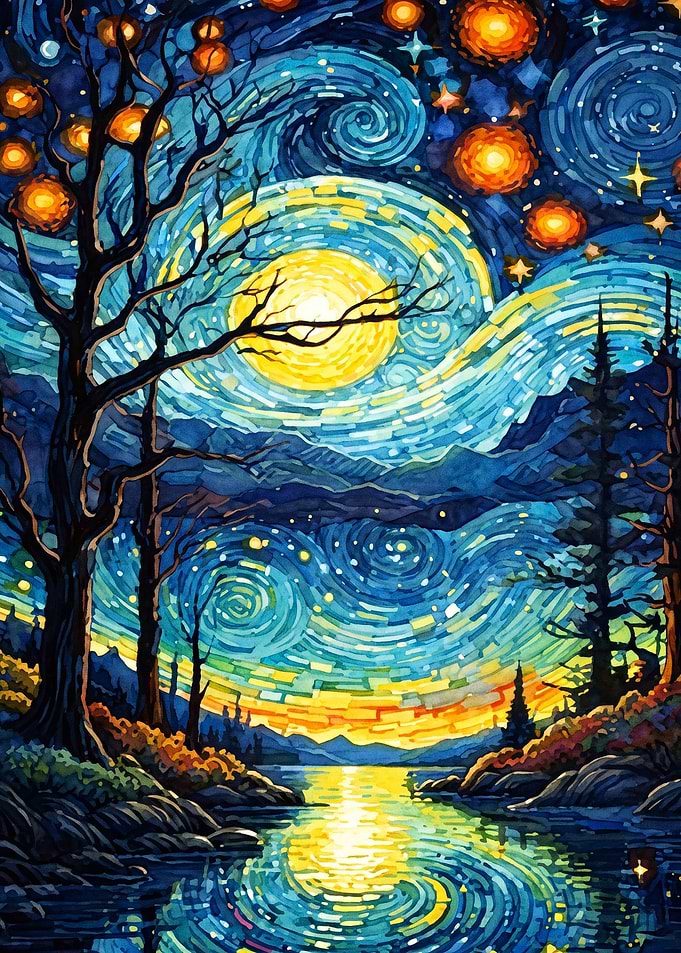 Starry Night Lake Impressionist Art