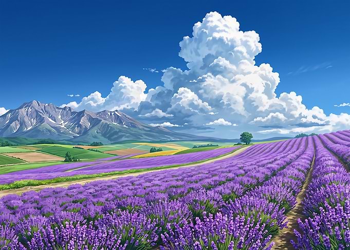 Vibrant Lavender Field Under Mountain Peaks