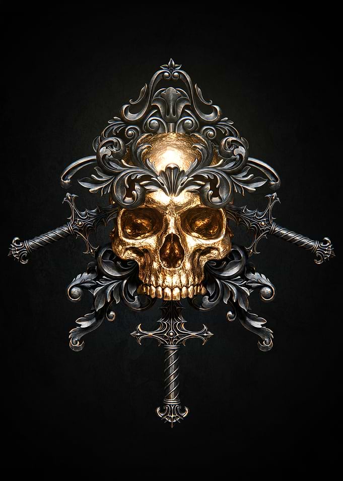 Ornate Golden Skull with Swords