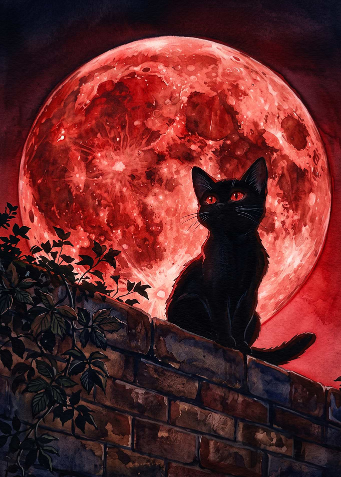 Black Cat Red Moon Gothic Art