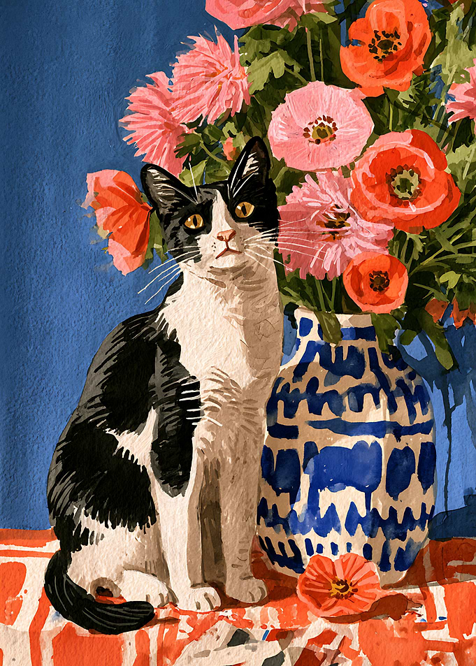 Tuxedo Cat Beside Floral Vase