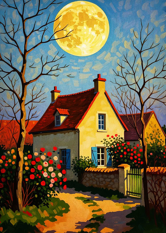 Full Moon Cottage Impasto Art Poste