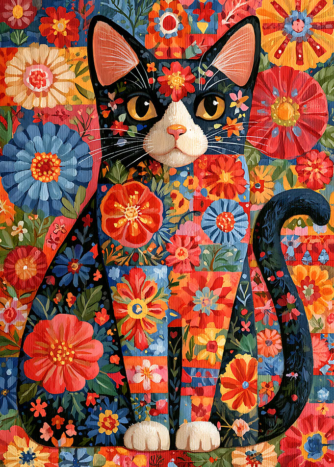Floral Patterned Black Cat Illustration