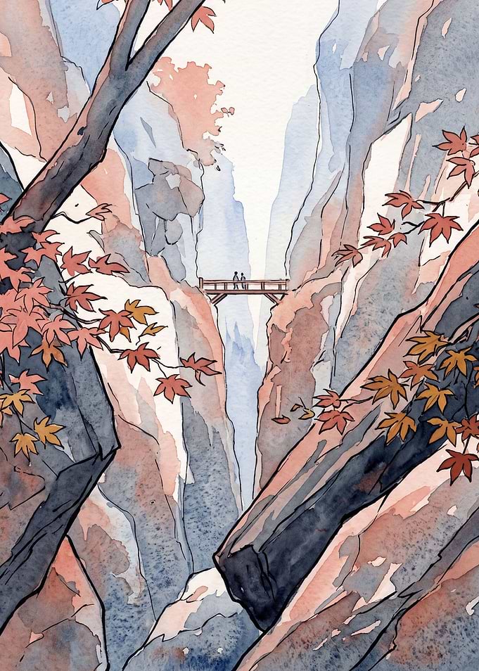 Watercolor Maple Gorge with a Wooden Bridge