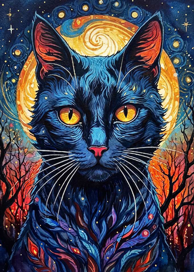 Black Cat Moon Celestial Art Poster