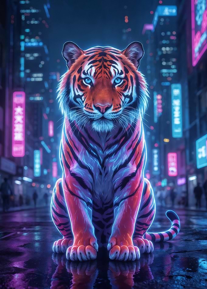 Neon Cyberpunk Tiger in City Street