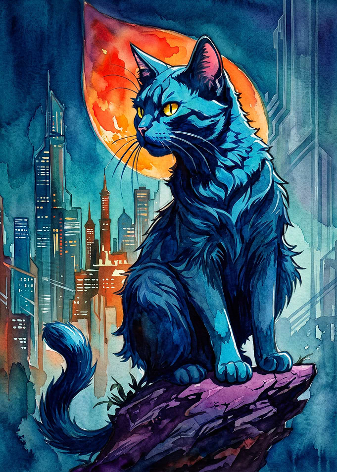 Cyberpunk Cat Moon Watercolor Poste