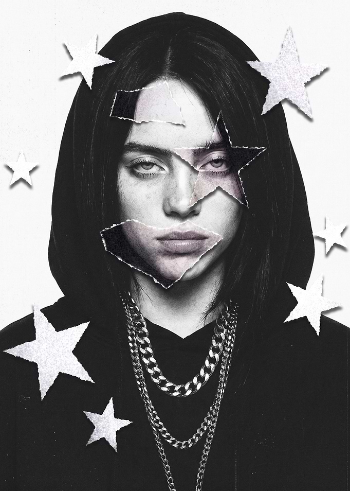 Billie Eilish Collage Portrait with Stars