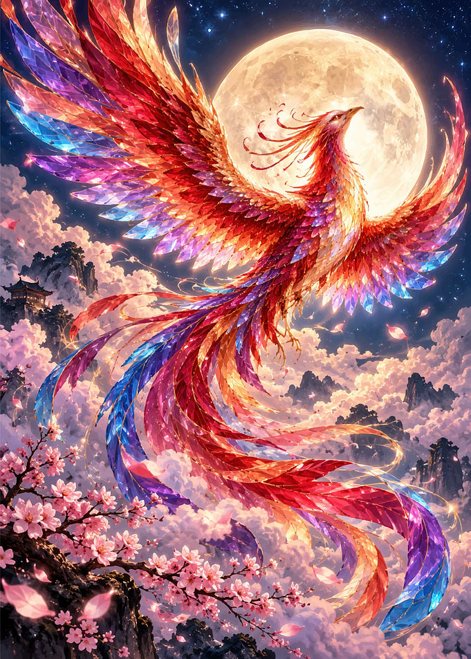 Majestic Crystal Phoenix Under Full Moon