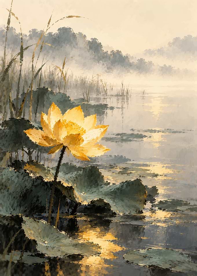 Golden Lotus in Misty Pond