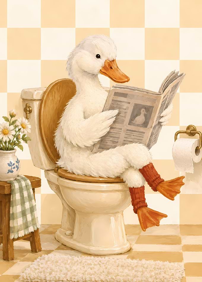 Duck Reading Newspaper on Toilet