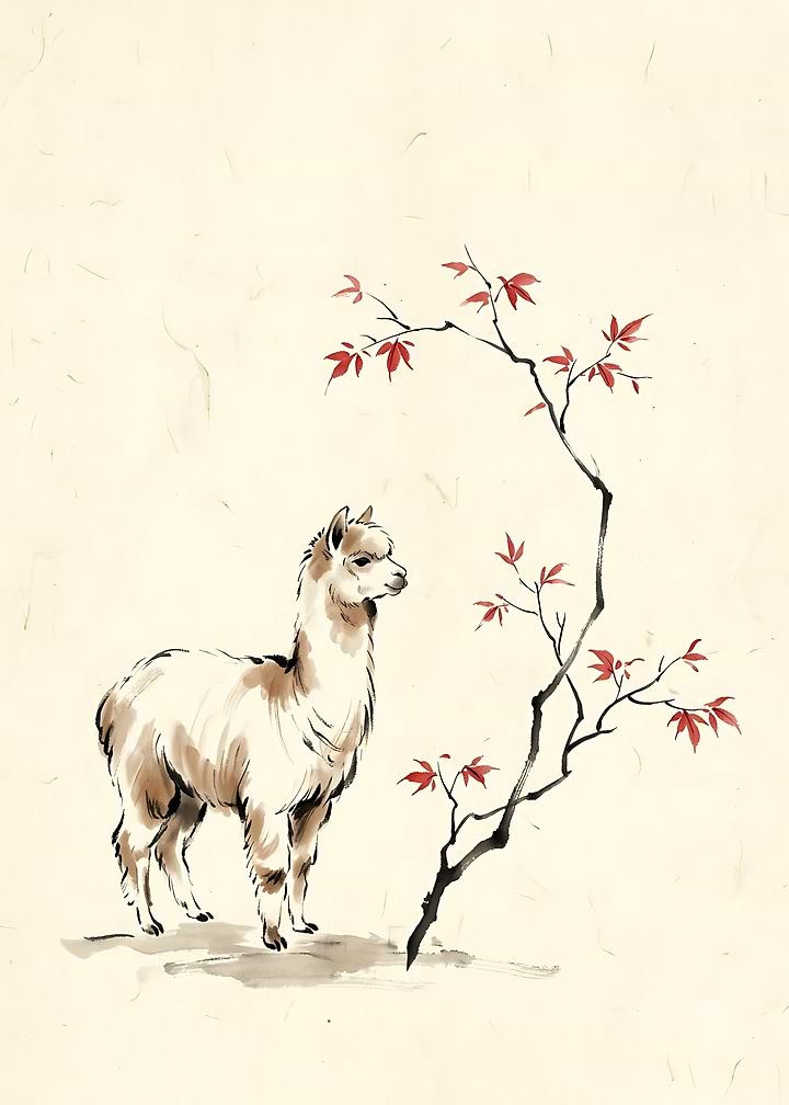 Sumi-e Style Alpaca and Maple Branch